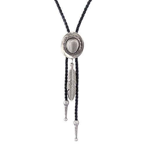 COOLLA Bolo tie- Handmade Hat Feather Western Cowboy Black Vintage Pendant for Women,Men (Silver) - Image 2