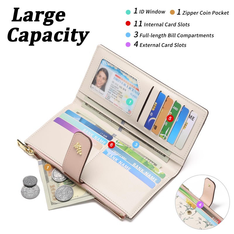 GAEKEAO Womens Wallet Slim Thin RFID Blocking Floral Vegan Leather Card Holder Bifold Long Ladies Wallet with Zipper Pocket - Image 2