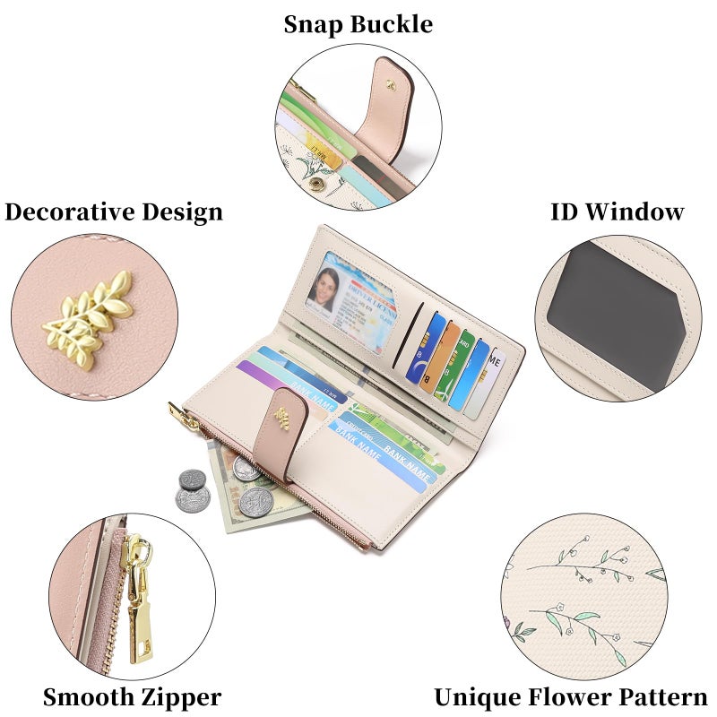 GAEKEAO Womens Wallet Slim Thin RFID Blocking Floral Vegan Leather Card Holder Bifold Long Ladies Wallet with Zipper Pocket - Image 4
