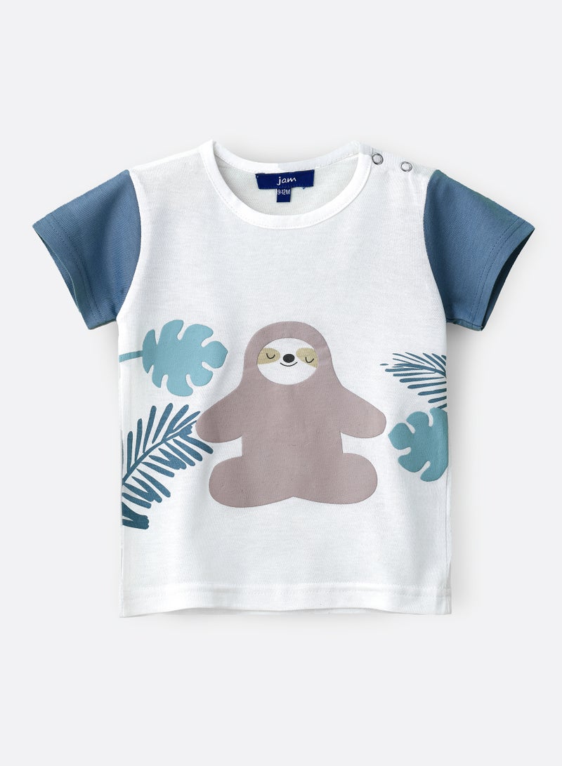 JAM Boys' White Meditation Sloth Graphic Cotton T-Shirt - Image 1