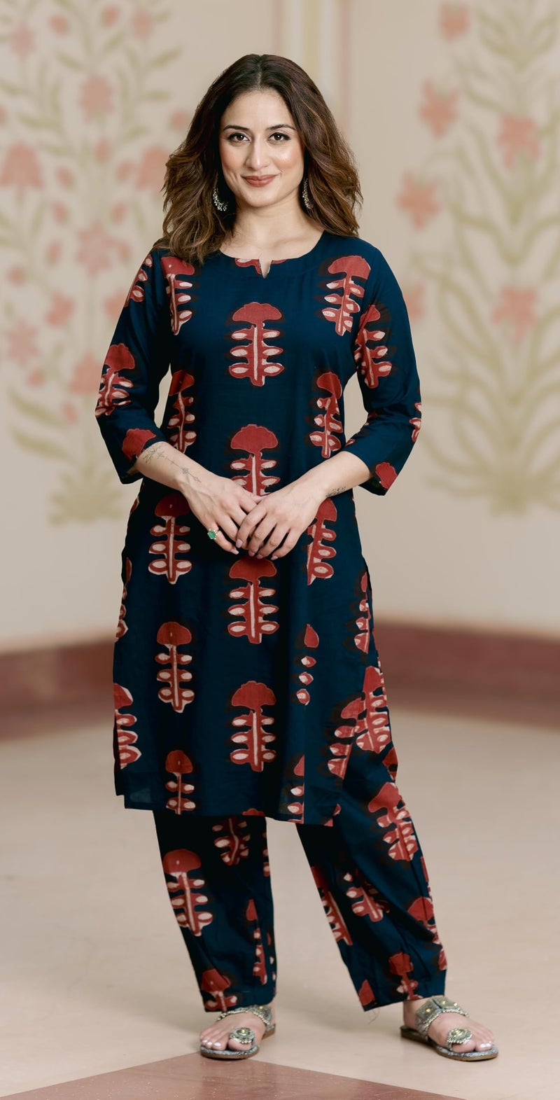 Arayna Women’s Pure Cotton Kurta Set with Pants | Straight Fit Block Print Suit Set | Casual & Office Wear Ethnic Set - Indigo Rust, Medium - Image 2