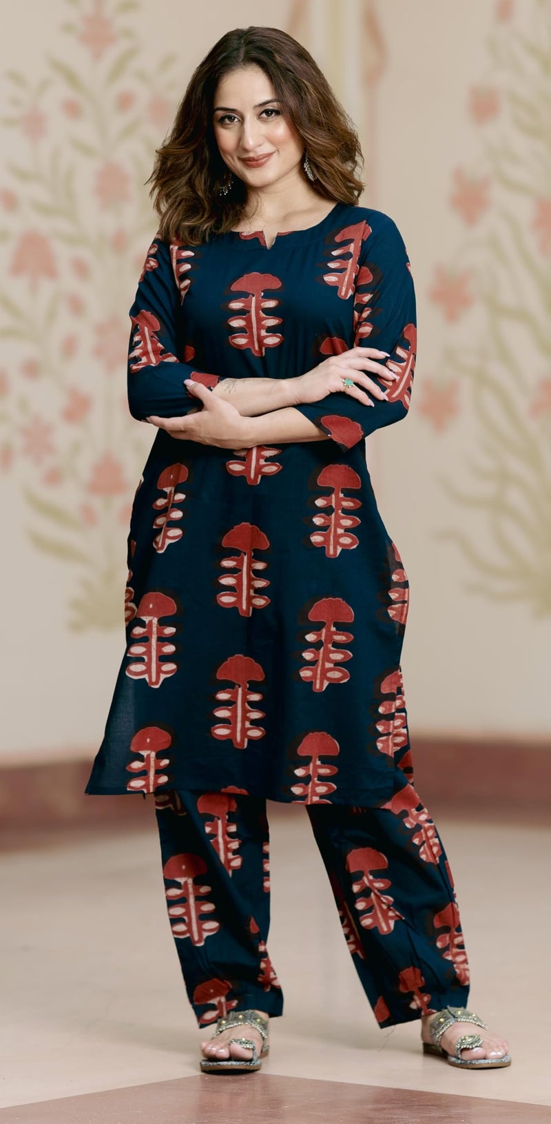 Arayna Women’s Pure Cotton Kurta Set with Pants | Straight Fit Block Print Suit Set | Casual & Office Wear Ethnic Set - Indigo Rust, Medium - Image 4