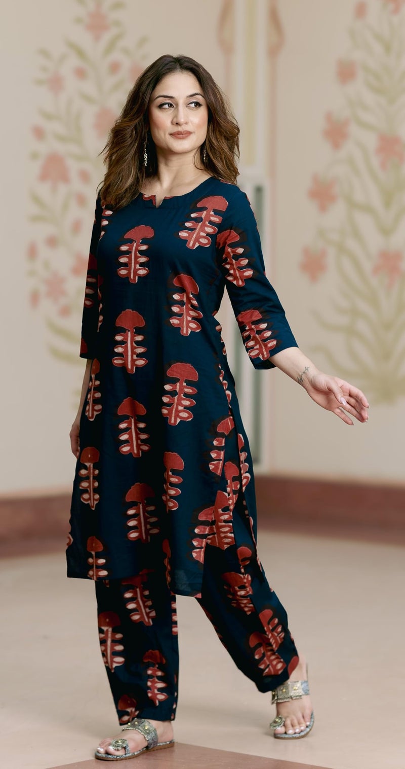 Arayna Women’s Pure Cotton Kurta Set with Pants | Straight Fit Block Print Suit Set | Casual & Office Wear Ethnic Set - Indigo Rust, Medium - Image 3