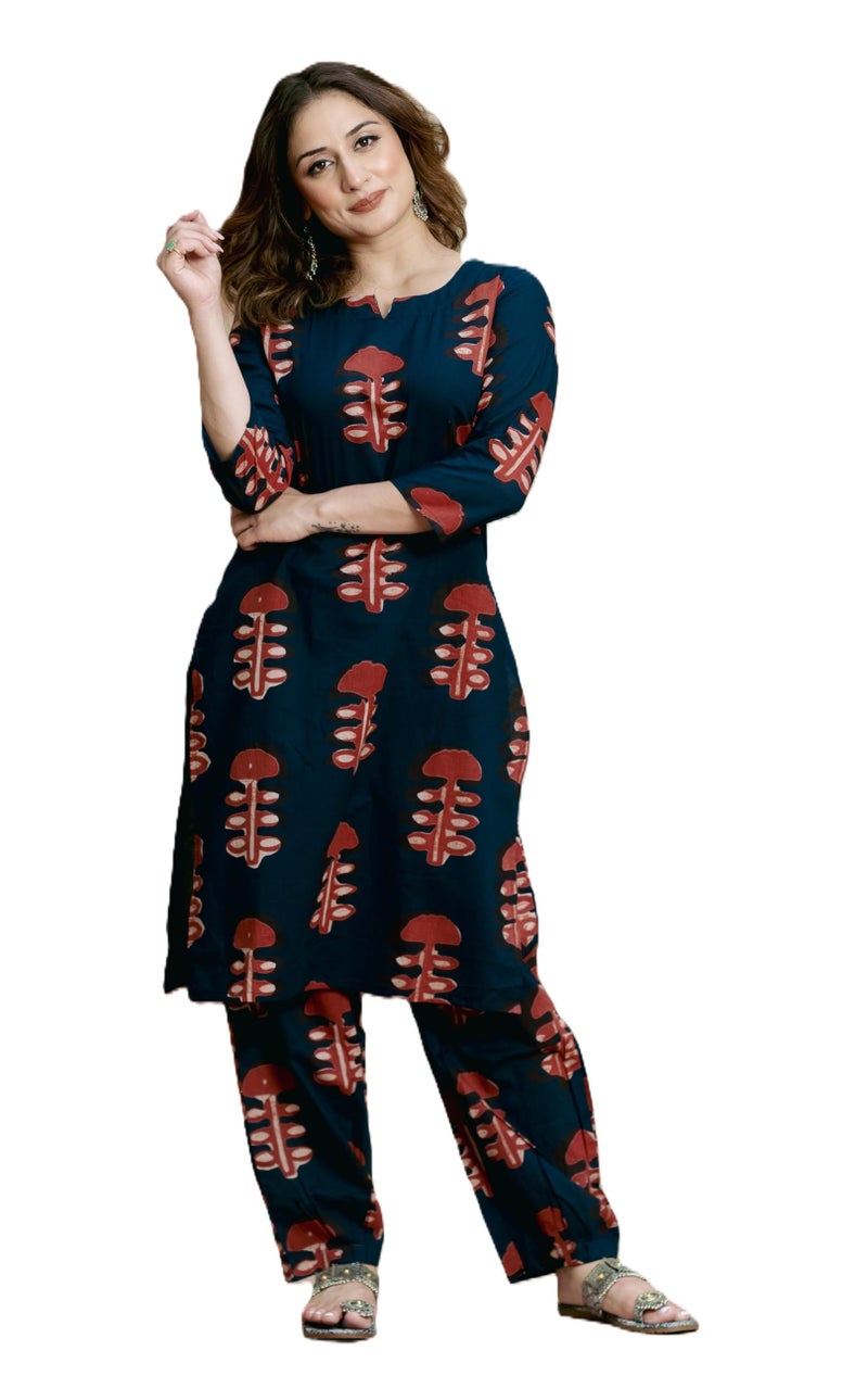 Arayna Women’s Pure Cotton Kurta Set with Pants | Straight Fit Block Print Suit Set | Casual & Office Wear Ethnic Set - Indigo Rust, Medium - Image 1