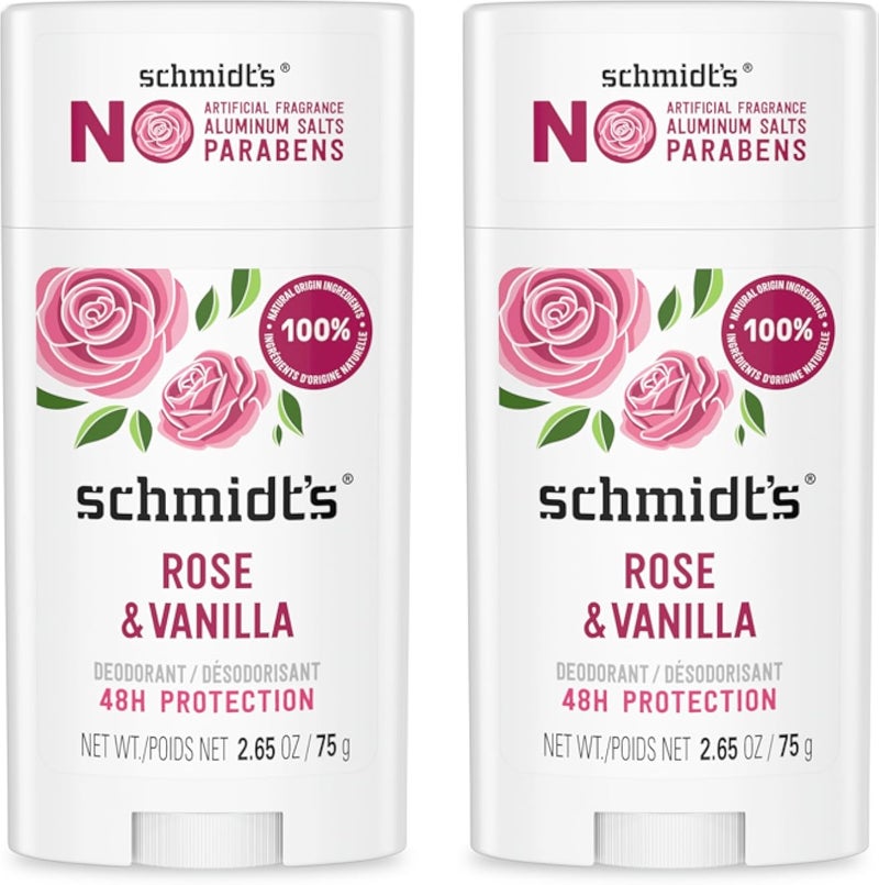 Schmidt's Aluminum-Free Vegan Deodorant Rose &amp; Vanilla with 24 Hour Odor Protection 2 Count for Women and Men, Natural Ingredients, Cruelty-Free, 2.65 oz
