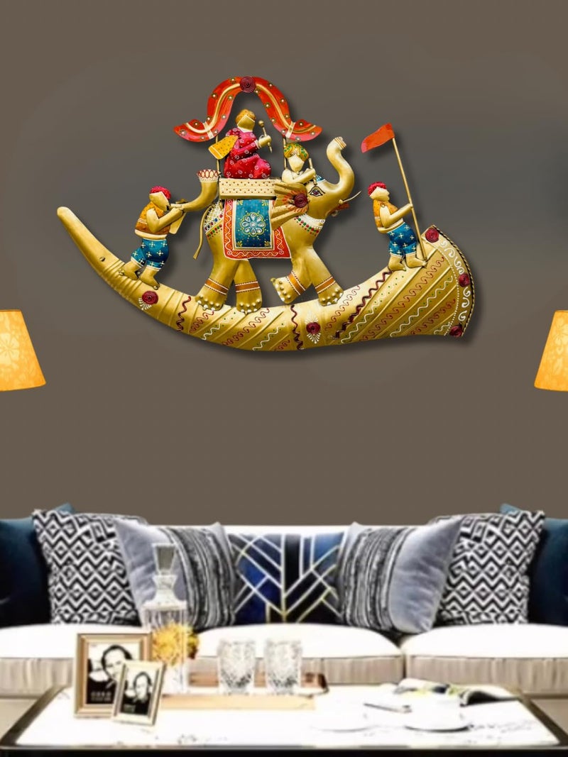 pranjals house pranjals house golden Iron Metal Rajasthani Royal Hathi Baarat Wall Hanging Showpiece For Home Decor/Living Room Size-24x15 Inches
