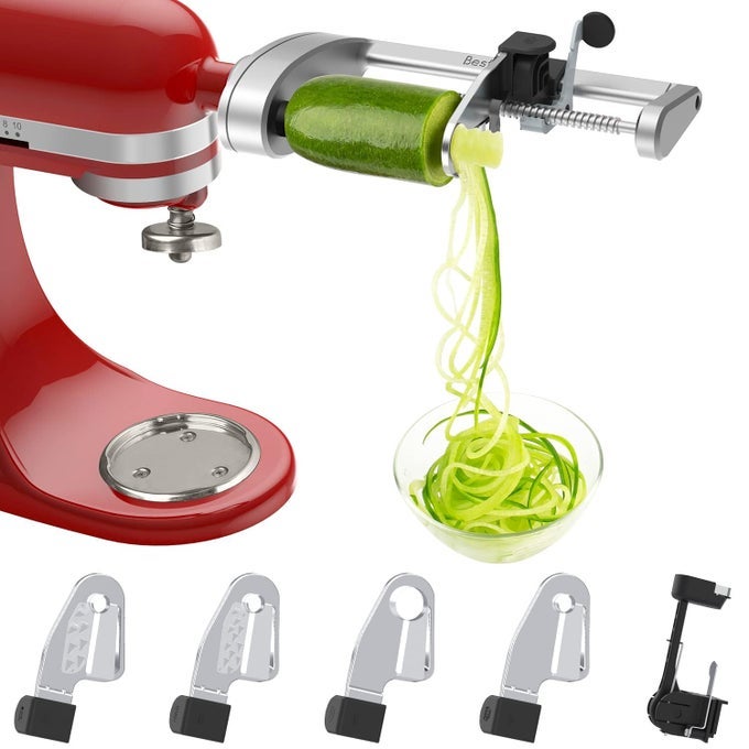 SPIRALIZER ATTACHMENT 5 BLADES COMPATIBLE WITH KITCHENAID STAND MIXER COMES WITH PEEL CORE AND SLICE VEGETABLE SLICER NOT KITCHENAID BRAND SPIRALIZER