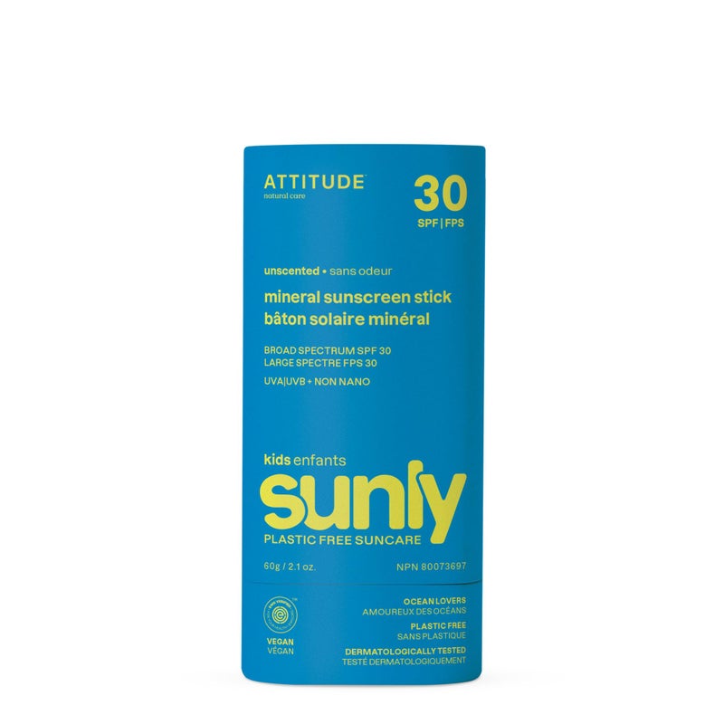 ATTITUDE Mineral Sunscreen Stick for Kids, SPF 30, EWG Verified, Plastic-Free, Broad Spectrum UVA/UVB Protection with Zinc Oxide, Dermatologically Tested, Vegan, Unscented, 2.1 Ounces - Image 1