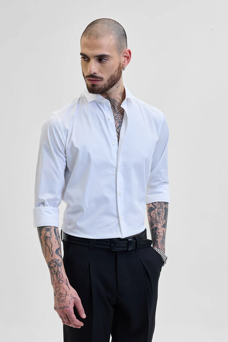 سنيتش White Solid Long Sleeve Slim Fit Formal Shirt