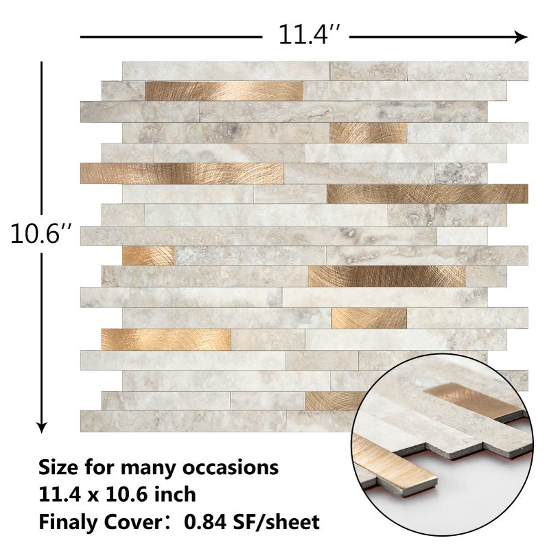 KASARO 6-Sheet Peel and Stick Backsplash Tiles for Kitchen, Marble Beige with Vintage Golden Embellished Stripes, Self-Adhesive Aluminum Wall Tile Stick on Bathroom, Fireplace, RV - Image 2