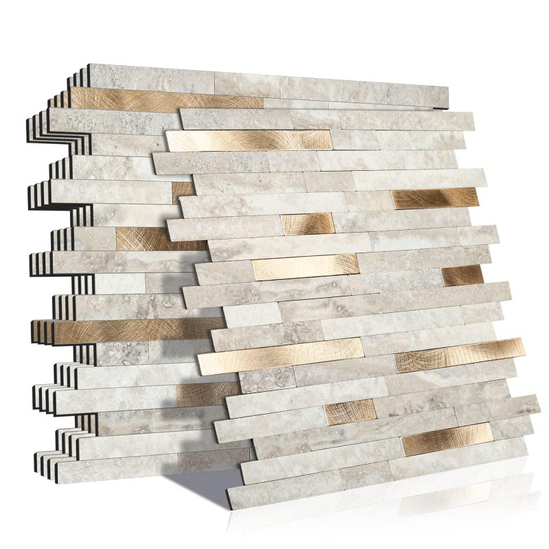 KASARO 6-Sheet Peel and Stick Backsplash Tiles for Kitchen, Marble Beige with Vintage Golden Embellished Stripes, Self-Adhesive Aluminum Wall Tile Stick on Bathroom, Fireplace, RV - Image 1