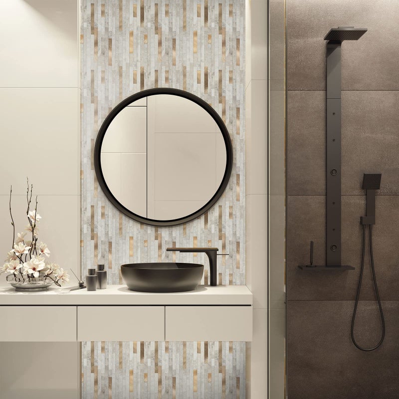 KASARO 6-Sheet Peel and Stick Backsplash Tiles for Kitchen, Marble Beige with Vintage Golden Embellished Stripes, Self-Adhesive Aluminum Wall Tile Stick on Bathroom, Fireplace, RV - Image 3
