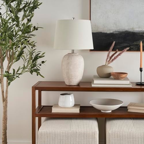 Nourison Home 23" Distressed Cream/Beige Rustic Ceramic Jar Table Lamp for Bedroom, Living Room, Dining Office, with Ivory Shade - Image 4