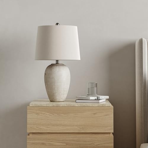 Nourison Home 23" Distressed Cream/Beige Rustic Ceramic Jar Table Lamp for Bedroom, Living Room, Dining Office, with Ivory Shade - Image 1