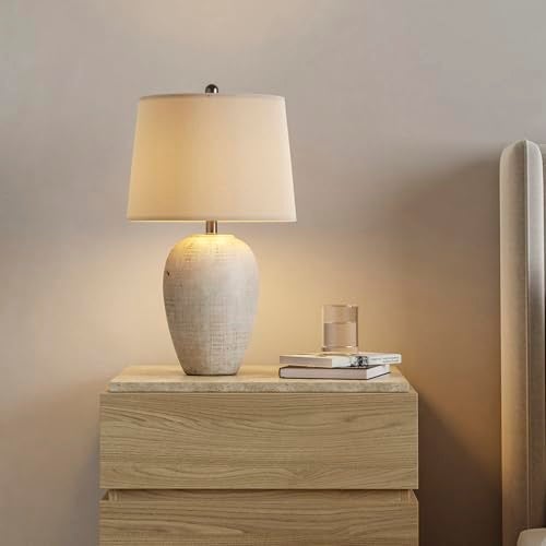 Nourison Home 23" Distressed Cream/Beige Rustic Ceramic Jar Table Lamp for Bedroom, Living Room, Dining Office, with Ivory Shade - Image 2
