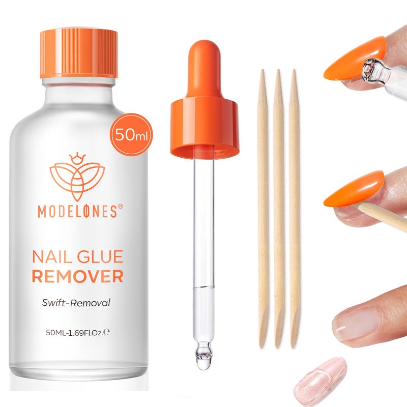 Modelones 50 ML Nail Glue Remover for Base Coat Press On Nails, Upgrade Clear Stick On Nails Remover for Acrylic Tips, Nail Polish Remover with Wood Stick - Image 1