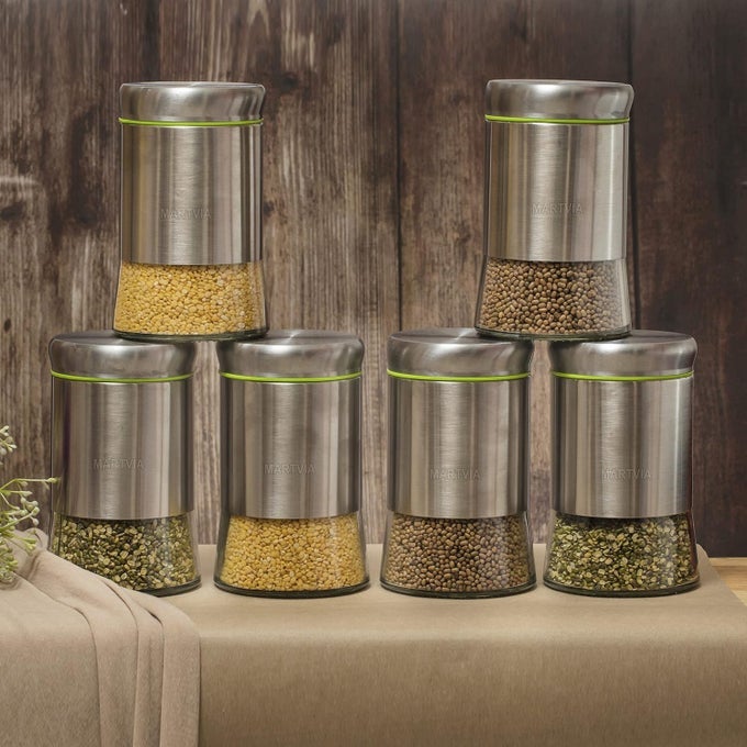 STAINLESS STEEL CANISTER GLASS JAR WITH LID PREMIUM PANTRY ORGANIZERS CONTAINERS AND PERFECT KITCHEN STORAGE FOR CANNING CEREALCOFFEESUGARPASTA CONTAINERS SET 550 ROUND 6 CANISTER