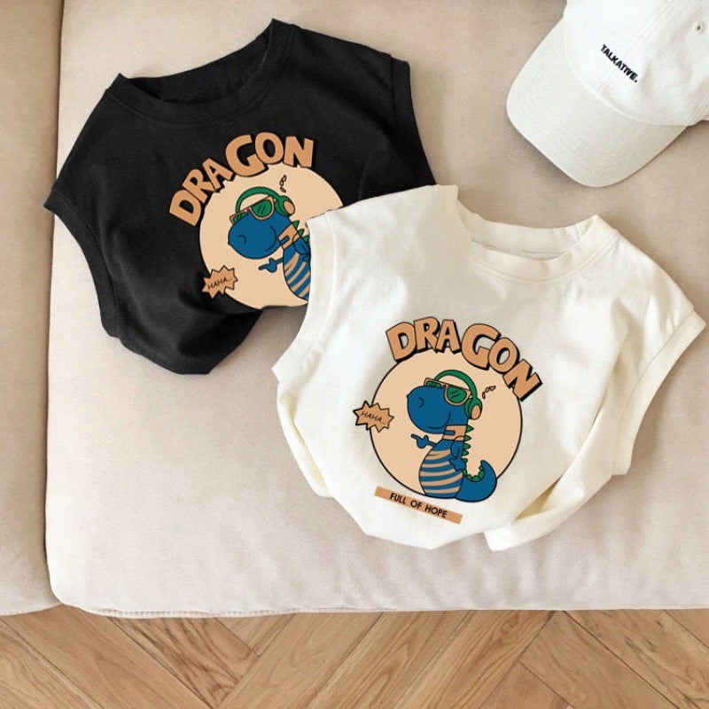 Cotton Baby Children's Cartoon Dinosaur Sleeveless T-Shirt 2024 Boys and Girls Fashionable Western Style Top Summer Casual - Image 2