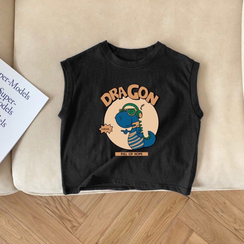 Cotton Baby Children's Cartoon Dinosaur Sleeveless T-Shirt 2024 Boys and Girls Fashionable Western Style Top Summer Casual - Image 1
