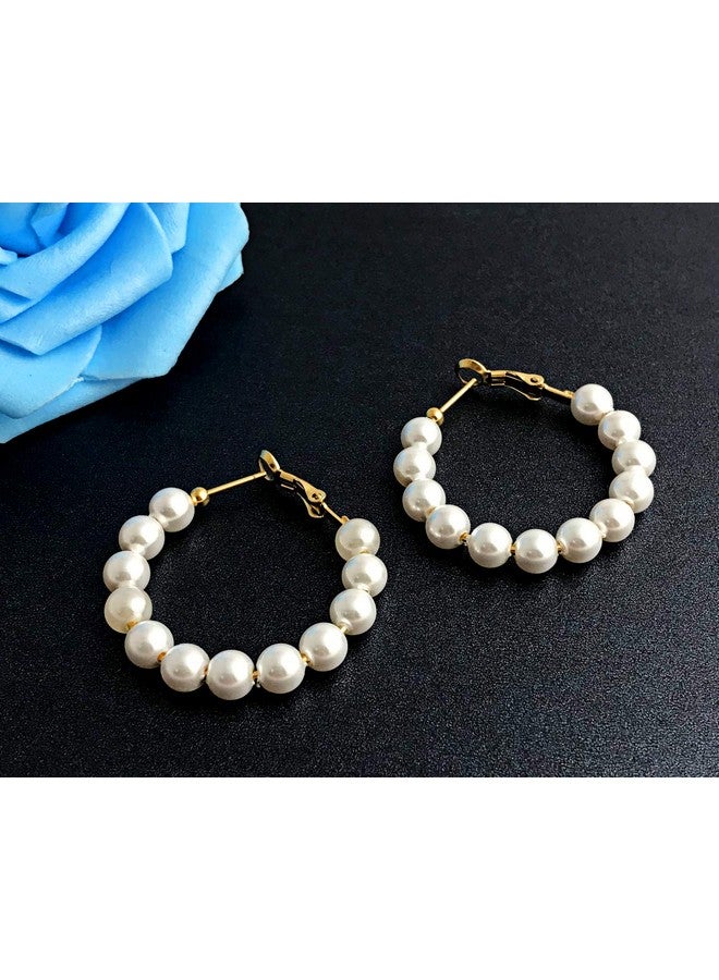 RONLLNA Pearl Hoop Earrings For Women Fashion Dangle Hypoallergenic Layer Earrings Drop Dangle Earrings Gifts For Women (35Mm Hoop) - Image 5