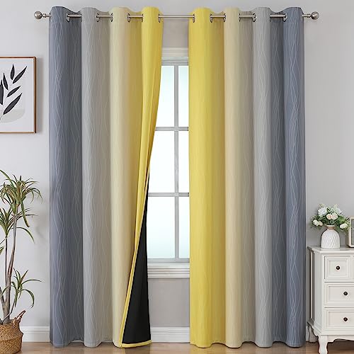 Estelar Textiler Grey and Yellow Blackout Curtains 84 Inch Length 2 Panels Set, Blackout Curtains for Living Room, Thermal Insulated Gradient Drapes, Light Blocking Ombre Curtains for Boys Bedroom, 52W x 84L Inches - Image 2