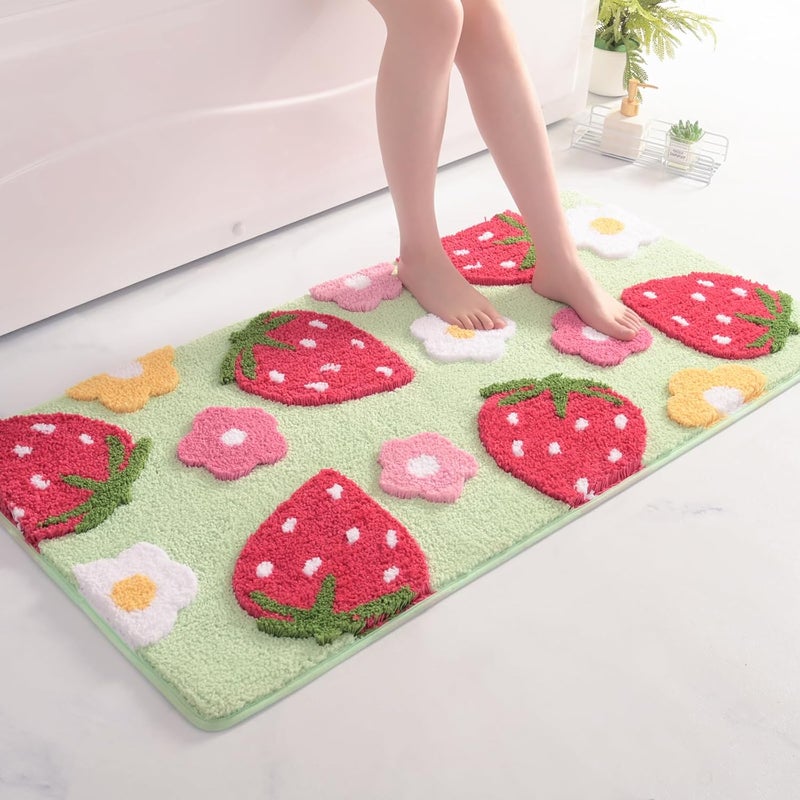 ANYBAR Green Bathroom Rugs Cute Strawberry Flower Bath Mat Bathroom Accessories, Funny Colorful Non Slip Floor Bath Rug Machine Washable Bathmat Soft Microfiber Carpet for Shower, Bathtub (24x48 in) - Image 1