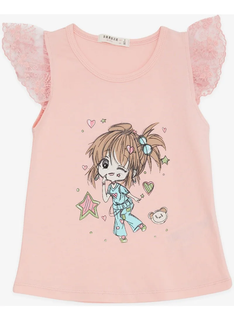 Breeze Girl's T-Shirt Crazy Girl Printed Sleeves with Embroidery Lacing 1.5-5 Years, Salmon