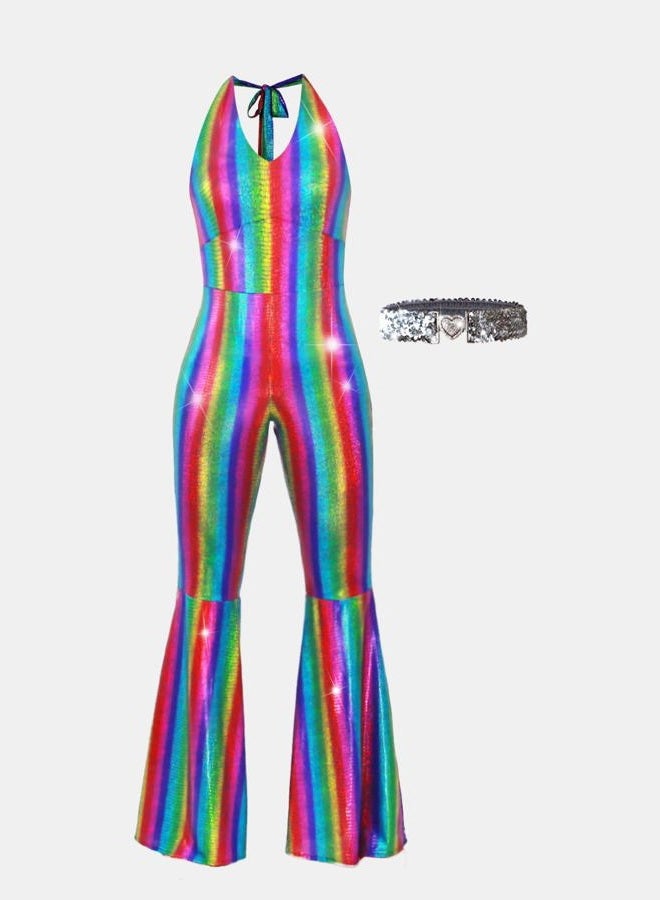 Nawgut Disco Outfit 70s 80s Prom Sparkle Flare Jumpsuit Party Costume Halloween Cosplay For Adult Women-Large - Image 2