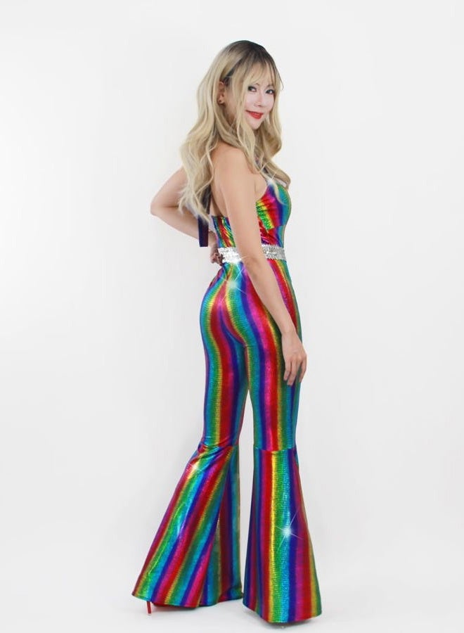 Nawgut Disco Outfit 70s 80s Prom Sparkle Flare Jumpsuit Party Costume Halloween Cosplay For Adult Women-Large - Image 4