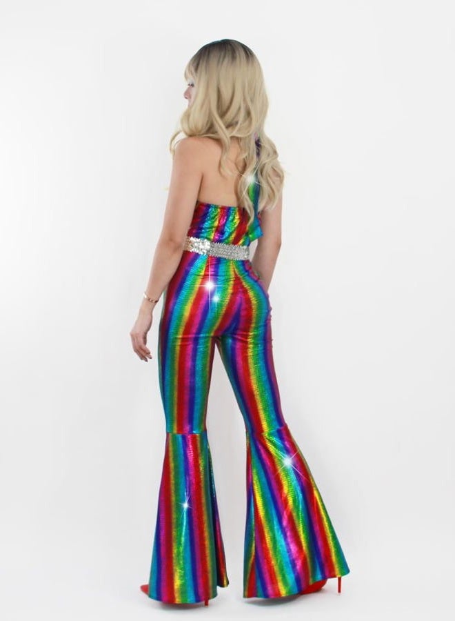Nawgut Disco Outfit 70s 80s Prom Sparkle Flare Jumpsuit Party Costume Halloween Cosplay For Adult Women-Large - Image 3
