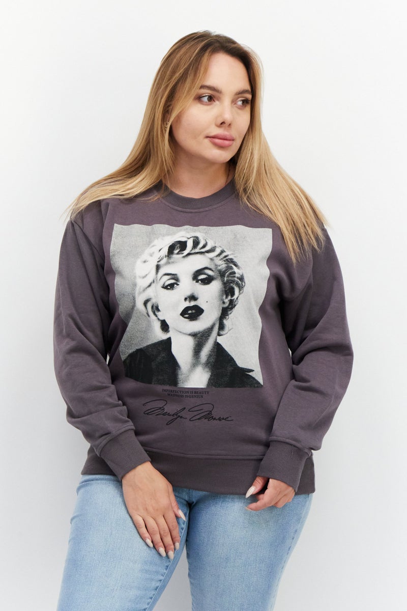 Marilyn Monroe Women Crew Neck Printed Long Sleeve Sweatshirts, Charcoal Grey - Image 1