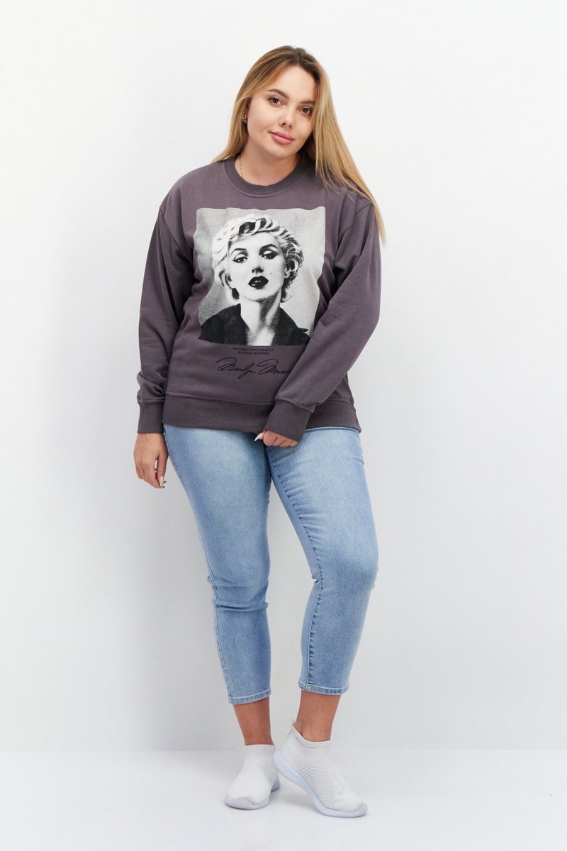 Marilyn Monroe Women Crew Neck Printed Long Sleeve Sweatshirts, Charcoal Grey - Image 3