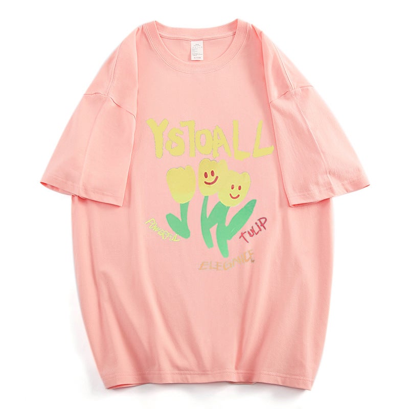 Pure Cotton Bag Collar Flower Letter Printing Short-sleeved T-shirt Women's Summer Loose Fashion Age-reducing Sweet Casual Mid-sleeved T-shirt - Image 1