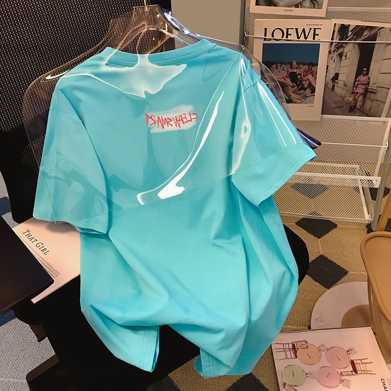 Pure Cotton Bag Collar Flower Letter Printing Short-sleeved T-shirt Women's Summer Loose Fashion Age-reducing Sweet Casual Mid-sleeved T-shirt - Image 3