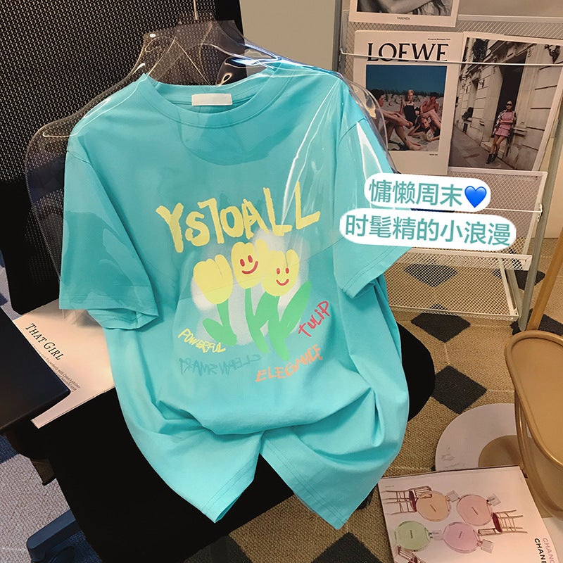 Pure Cotton Bag Collar Flower Letter Printing Short-sleeved T-shirt Women's Summer Loose Fashion Age-reducing Sweet Casual Mid-sleeved T-shirt - Image 2