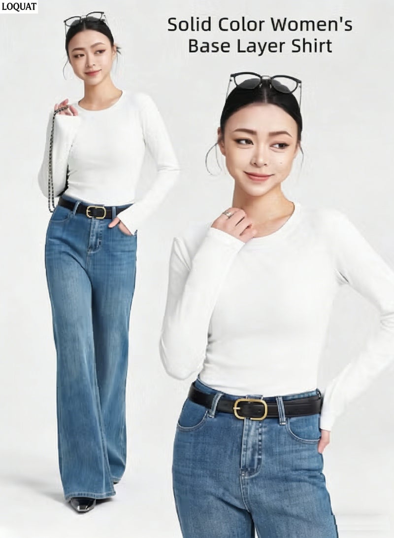 Loquat Women's Round Neck Slim-Fit Long-Sleeved T-Shirt , Slightly Cinched Waist Straight-Shoulder Base Layer Top, Breathable Soft Cotton Blend Casual Top for Commuting Work Dating, White - Image 4