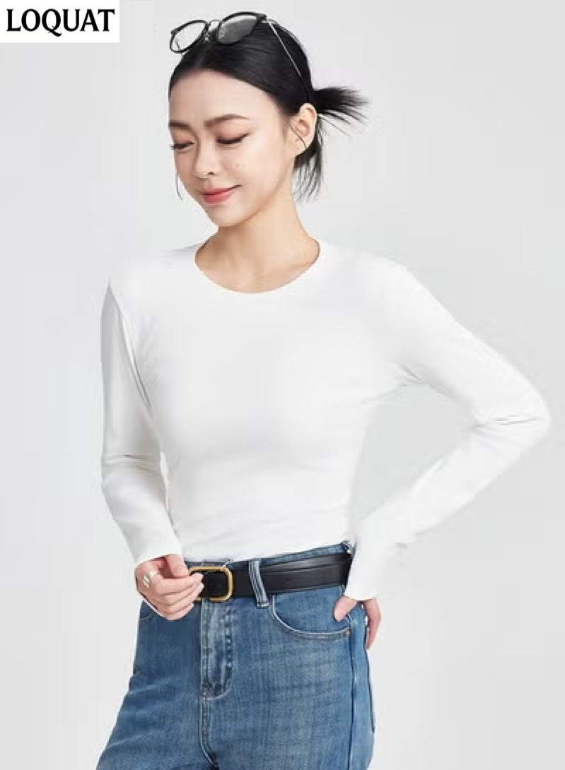 Loquat Women's Round Neck Slim-Fit Long-Sleeved T-Shirt , Slightly Cinched Waist Straight-Shoulder Base Layer Top, Breathable Soft Cotton Blend Casual Top for Commuting Work Dating, White - Image 2