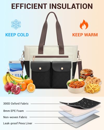 RalChyez Lunch Box for Women, Large Lunch Tote Leakproof Adult Lunch Bag Insulated Lunch Cooler Purse with Storage Pocket for Work Picnic Beach Trip Black/Brown - Image 5