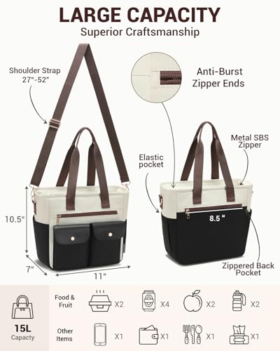 RalChyez Lunch Box for Women, Large Lunch Tote Leakproof Adult Lunch Bag Insulated Lunch Cooler Purse with Storage Pocket for Work Picnic Beach Trip Black/Brown - Image 3