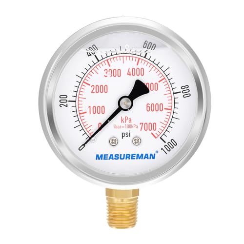 MEASUREMAN 2-1/2inch Dial Size, Liquid Filled Pressure Gauge, 0-1000psi/7000kpa, 304 Stainless Steel Case, 1/4inchNPT Lower Mount - Image 1