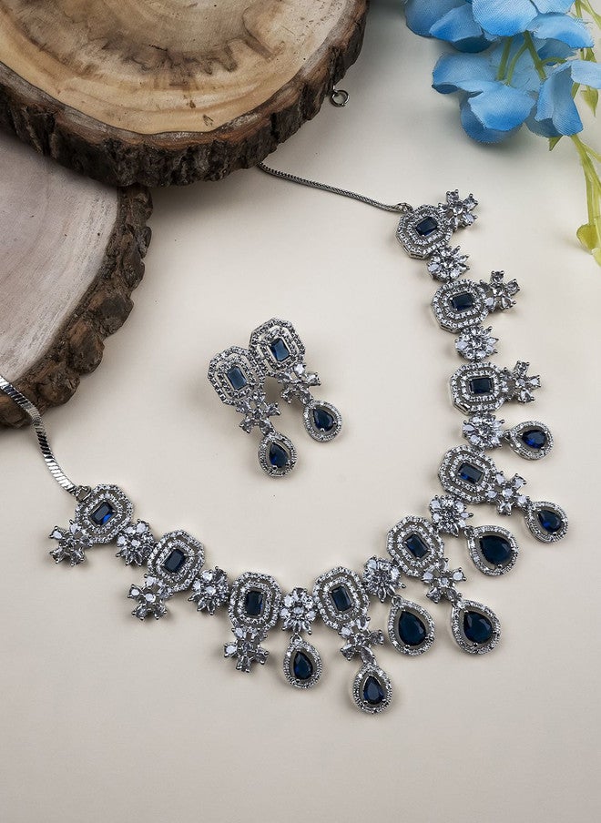 StileAdda Silver Plated Cubic Zirconia Studded Necklace and Earrings Set - Image 1