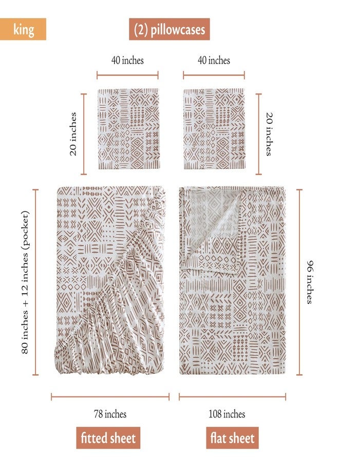 Indigo Ink طقم ملاءات إنديجو إنك - مقاس كينج، 4 قطع، بنمط هندسي بوهيمي، ناعم ومقاوم للتجاعيد (مجموعة وايت دينم، لون بني فاتح) - Image 3