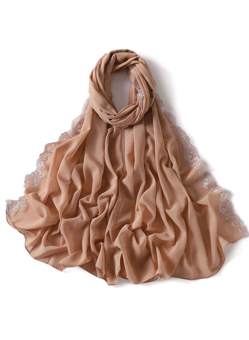إسكدنيا New Lace Lace Trimmed Edge Solid Pearl Chiffon Long Scarf Single Color Headband Cover Scarf Female - Image 1