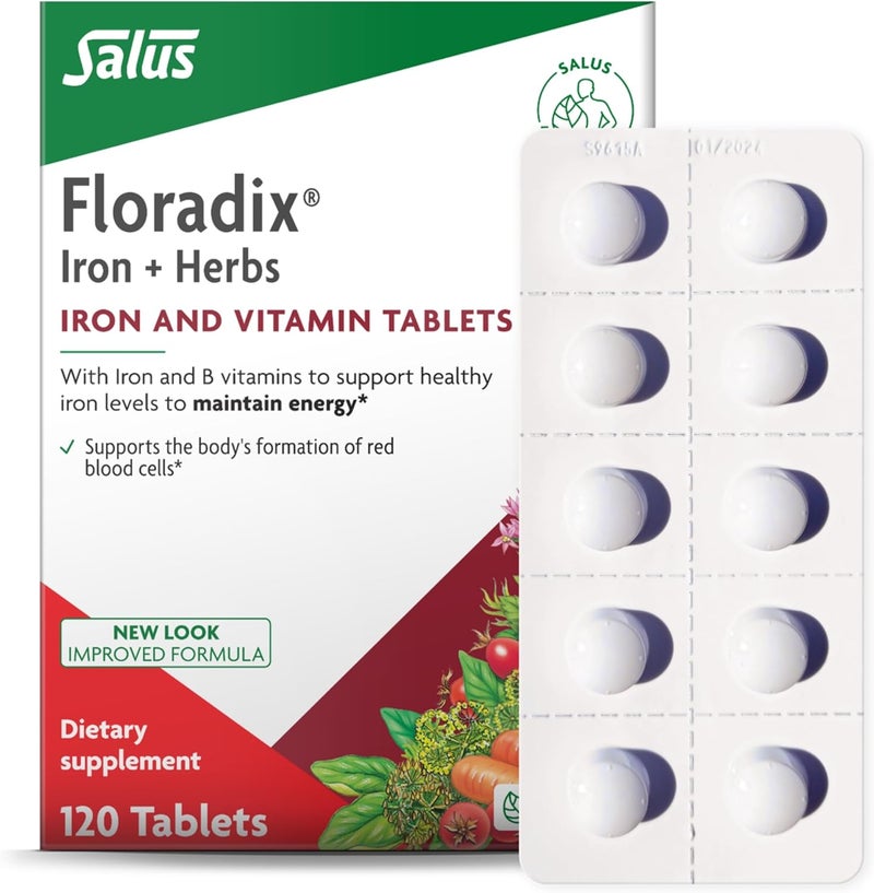 Floradix Iron Tablets  Iron Supplement with Folic Acid Vitamin C  More  Energy Support  Vegetarian GlutenFree  120 Tablets - Image 1
