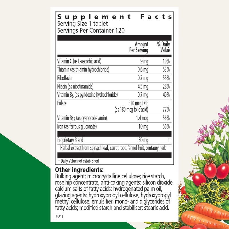 Floradix Iron Tablets  Iron Supplement with Folic Acid Vitamin C  More  Energy Support  Vegetarian GlutenFree  120 Tablets - Image 2