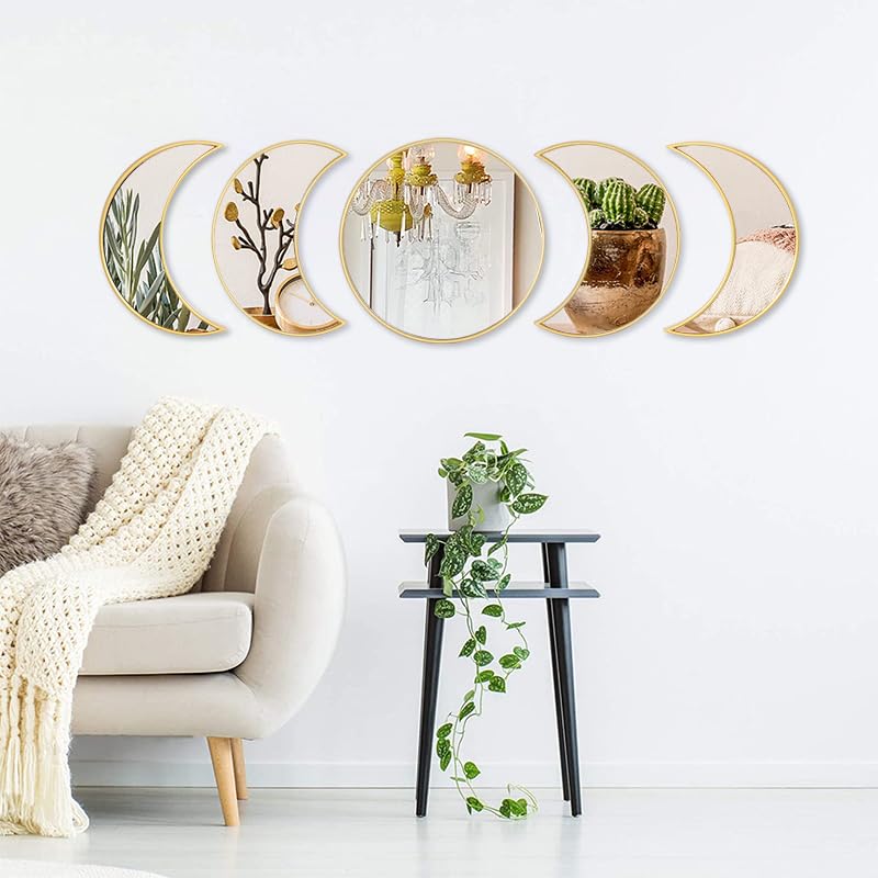 Home Elements مجموعة مرايا زجاجية مزخرفة بمرحلة القمر من HOME ELEMENTS، مرآة حائط بلاستيكية حديثة بإطار ذهبي للديكور المنزلي، غرفة المعيشة، غرفة النوم، المكتب (مجموعة من 5 قطع) - Image 1