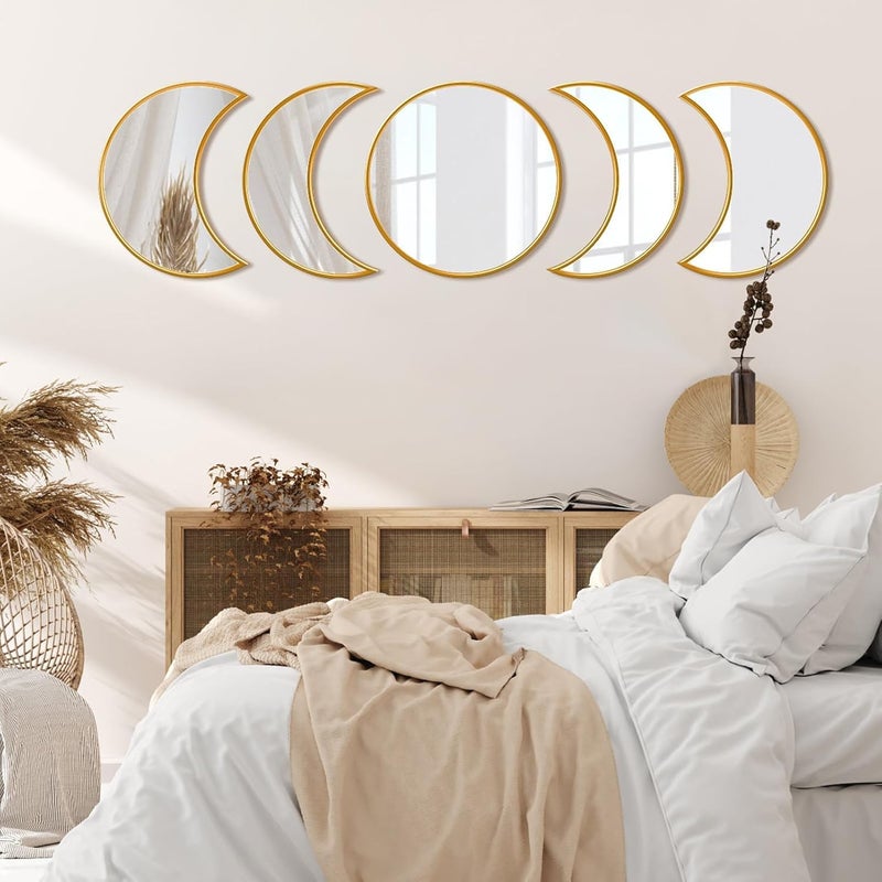 Home Elements مجموعة مرايا زجاجية مزخرفة بمرحلة القمر من HOME ELEMENTS، مرآة حائط بلاستيكية حديثة بإطار ذهبي للديكور المنزلي، غرفة المعيشة، غرفة النوم، المكتب (مجموعة من 5 قطع) - Image 2