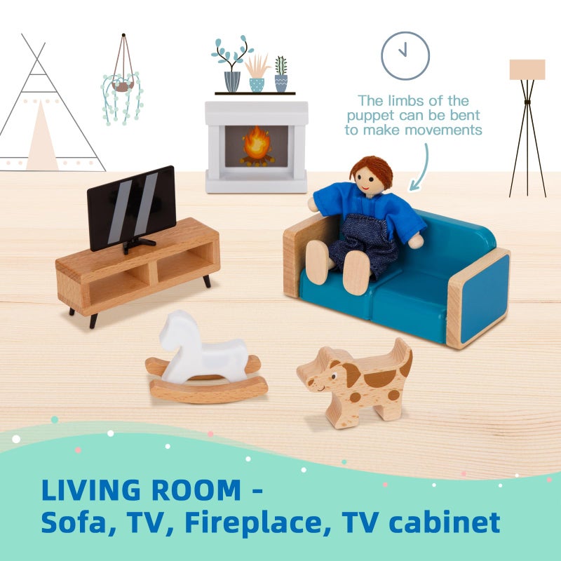 OOOK Wooden Dollhouse for Kids, Doll House with Simulated Luxury Furniture Set, Dollhouse Playset for Girls Toddlers (Including 4 Family Dolls and a Dog) - Image 4