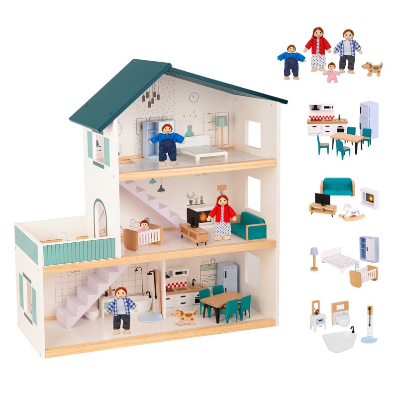 OOOK Wooden Dollhouse for Kids, Doll House with Simulated Luxury Furniture Set, Dollhouse Playset for Girls Toddlers (Including 4 Family Dolls and a Dog) - Image 1