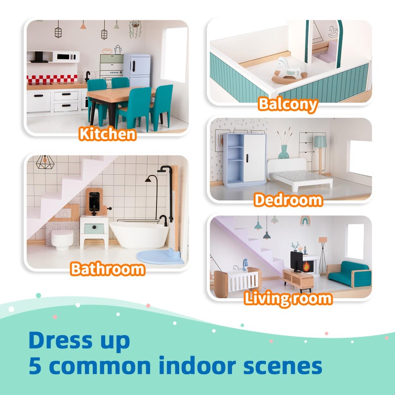OOOK Wooden Dollhouse for Kids, Doll House with Simulated Luxury Furniture Set, Dollhouse Playset for Girls Toddlers (Including 4 Family Dolls and a Dog) - Image 3